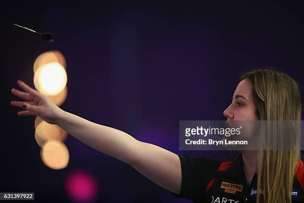 Casey Gallagher of Great Britain in action during her first round match on day four of the BDO Lakeside World Professional Darts Championships on...