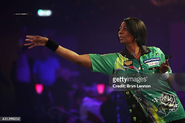 Deta Hedman of Great Britain in action during her first round match on day four of the BDO Lakeside World Professional Darts Championships on January...