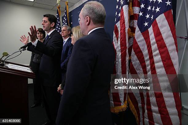 Speaker of the House Rep. Paul Ryan speaks as House Republican Conference Chair Rep. Cathy McMorris Rodgers , House Majority Leader Rep. Kevin...