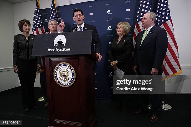 Speaker of the House Rep. Paul Ryan speaks as House Republican Conference Chair Rep. Cathy McMorris Rodgers , House Majority Leader Rep. Kevin...