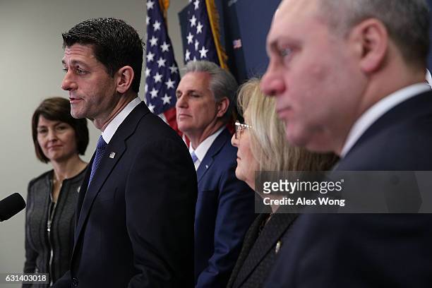 Speaker of the House Rep. Paul Ryan speaks as House Republican Conference Chair Rep. Cathy McMorris Rodgers , House Majority Leader Rep. Kevin...