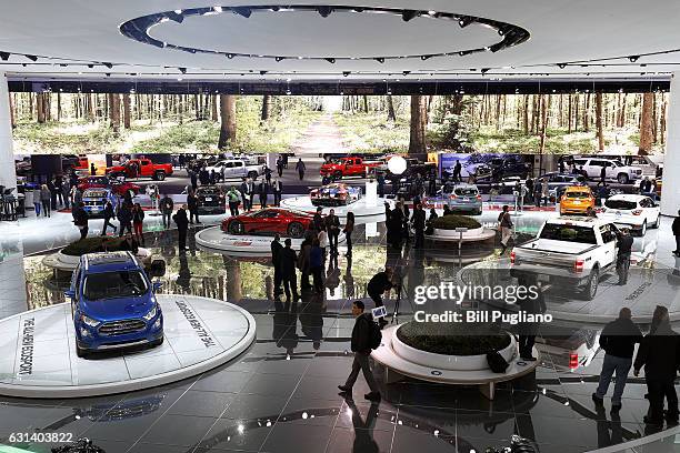 Portion of the Ford exhibit area is shown at the 2017 North American International Auto Show on January 10, 2017 in Detroit, Michigan. Approximately...