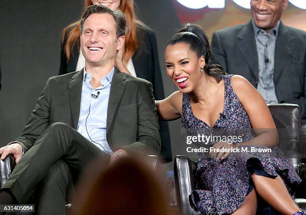 Actors Tony Goldwyn and Kerry Washington of the television show 'Scandal' speak onstage during the Disney-ABC portion of the 2017 Winter Television...
