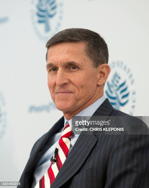 Lieutenant General Michael Flynn National Security Advisor designate listens while participating in a conference on the transition of the US...