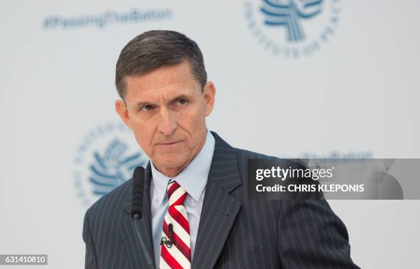 Lieutenant General Michael Flynn , National Security Advisor Designate speaks during a conference on the transition of the US Presidency from Barack...