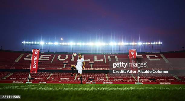 Stevan Jovetic of Sevilla FC during his official presentation at the Estadio Ramon Sanchez Pizjuan on January 10, 2017 in Seville, Spain.