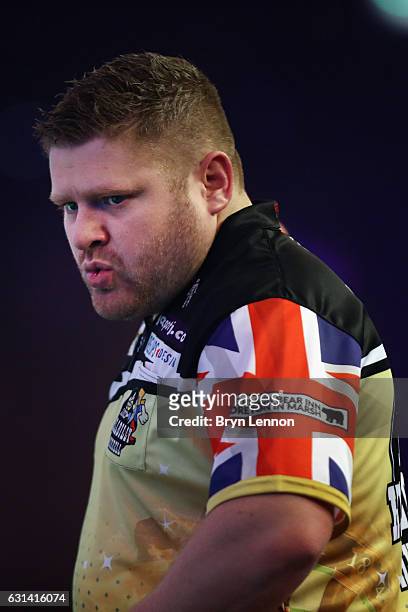 James Hurrell of Great Britain reacts during his first round match on day four of the BDO Lakeside World Professional Darts Championships on January...