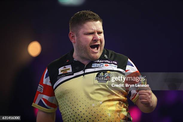 James Hurrell of Great Britain reacts during his first round match on day four of the BDO Lakeside World Professional Darts Championships on January...