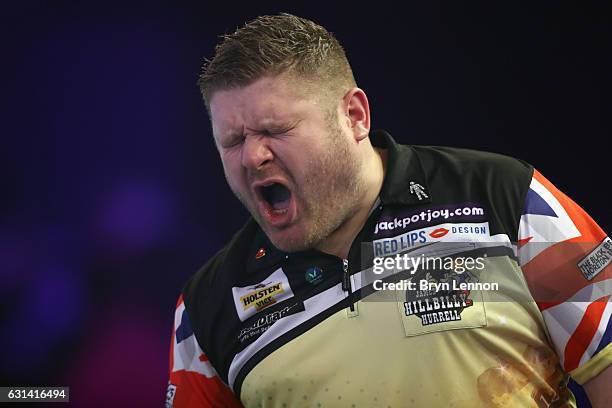 James Hurrell of Great Britain reacts during his first round match on day four of the BDO Lakeside World Professional Darts Championships on January...