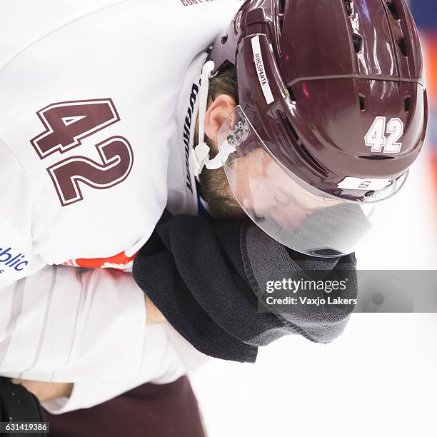 Michal Barinka of Sparta Prague was injured in the second period during the Champions Hockey League Semi Final match between Vaxjo Lakers and Sparta...