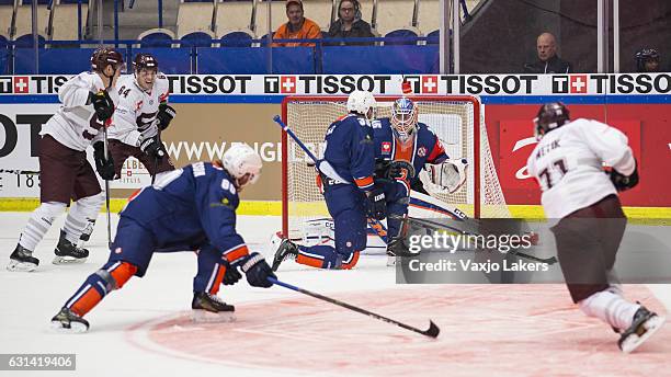 Tomas Netik of Sparta Prague takes a shot during the Champions Hockey League Semi Final match between Vaxjo Lakers and Sparta Prague at Vida Arena on...