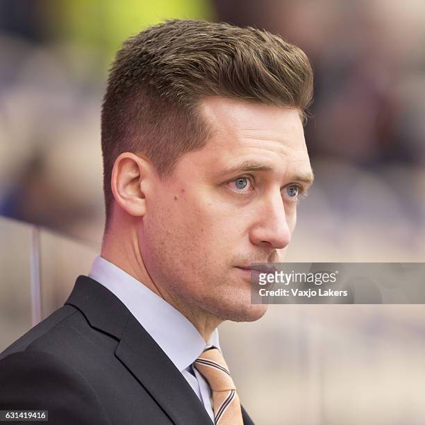 Sam Hallam, coach headcoach of Vaxjo Lakers during the Champions Hockey League Semi Final match between Vaxjo Lakers and Sparta Prague at Vida Arena...