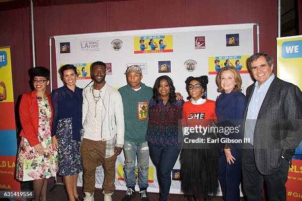 Knatokie Ford, Veronica Melvin, Aldis Hodge, Pharrell Williams, Octavia Spencer, Janelle Monáe, Megan Chernin and Peter Chernin attend the LA Promise...