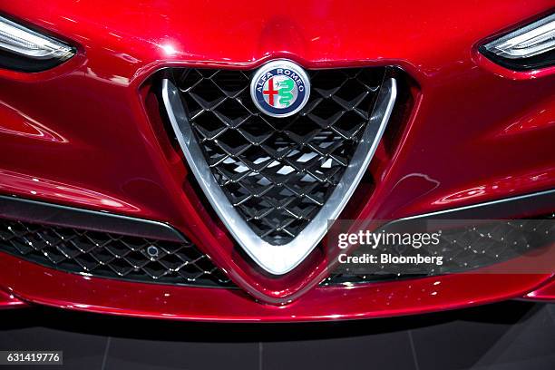 The Alfa Romeo Stelvio sports utility vehicle sits on display during the 2017 North American International Auto Show in Detroit, Michigan, U.S., on...