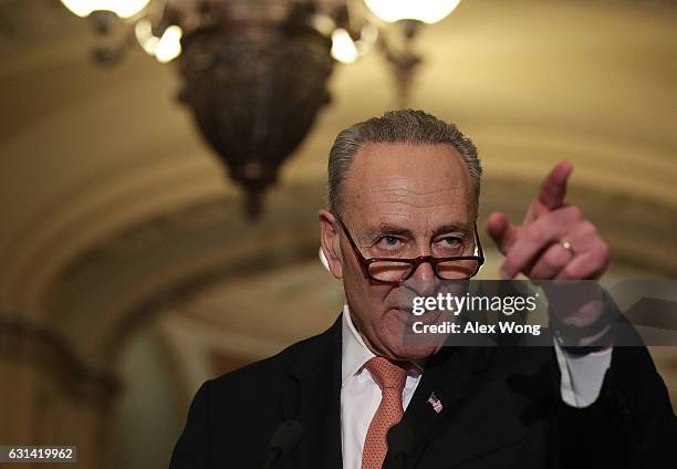 Senate Minority Leader Sen. Charles Schumer takes questions during a news briefing after the Senate Democratic weekly luncheon January 10, 2017 at...