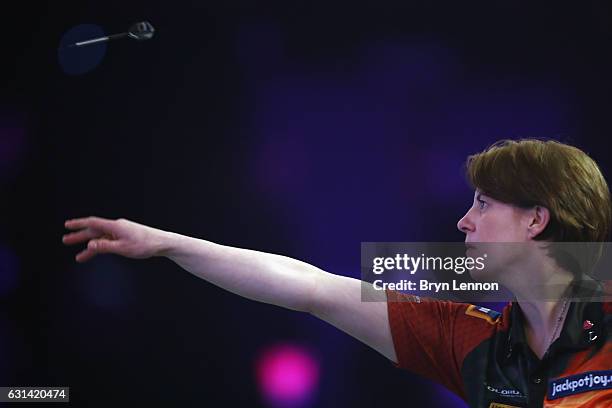 Rhian Griffiths of Great Britain throws during her first round match against on day four of the BDO Lakeside World Professional Darts Championships...