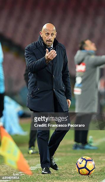 Spezias coach Domenico Di Carlo looks on during the TIM Cup match between SSC Napoli and AC Spezia at Stadio San Paolo on January 10, 2017 in Naples,...