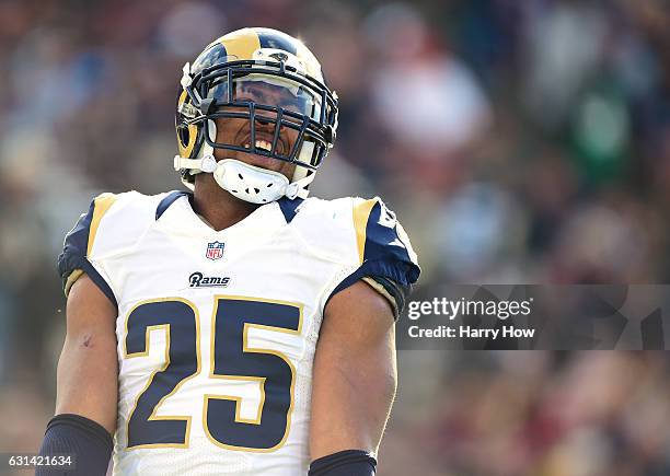 McDonald of the Los Angeles Rams reacts to an interception chance during the game against the Arizona Cardinals at Los Angeles Memorial Coliseum on...