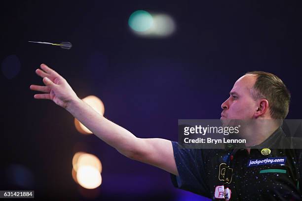 Dennis Labanauskas of Lithuania in action in his first round match on day four of the BDO Lakeside World Professional Darts Championships on January...