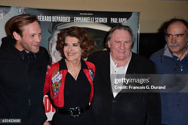 Paul Hamy, Fanny Ardant, Gerard Depardieu and Paulo Branco attend "Le Divan De Staline" Paris Premiere at UGC Cine Cite des Halles on January 10,...