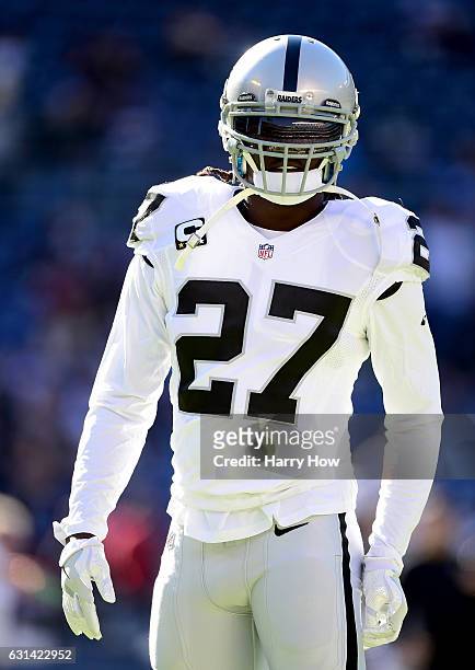 Reggie Nelson of the Oakland Raiders warms up befoe the game against the San Diego Chargers at Qualcomm Stadium on December 18, 2016 in San Diego,...