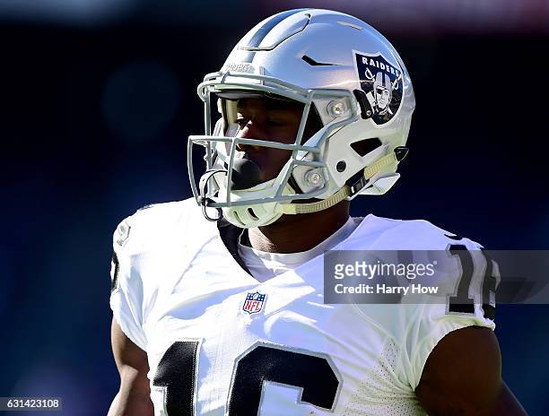 Johnny Holton of the Oakland Raiders warms up before the game against the San Diego Chargers at Qualcomm Stadium on December 18, 2016 in San Diego,...