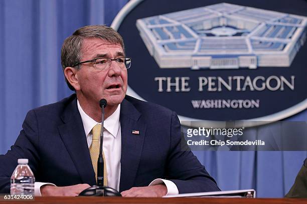Defense Secretary Ash Carter holds a news conference at the Pentagon January 10, 2017 in Arlington, VA. Carter and Chairman of the Joint Chiefs of...