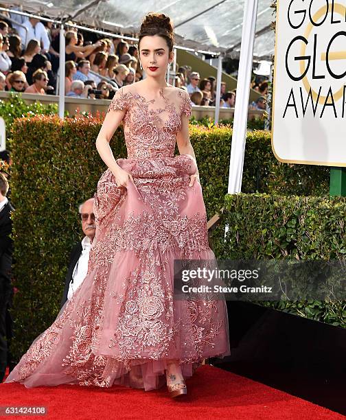 Lily Collins arrives at the 74th Annual Golden Globe Awards at The Beverly Hilton Hotel on January 8, 2017 in Beverly Hills, California.