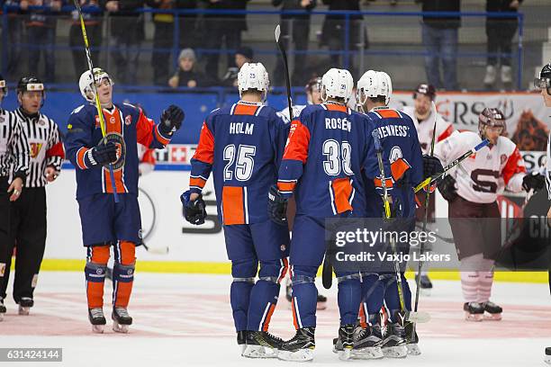 Vaxjo Lakers celebrate their goal to 1-2 by Josh Hennessy of Vaxjo Lakers during the Champions Hockey League Semi Final match between Vaxjo Lakers...