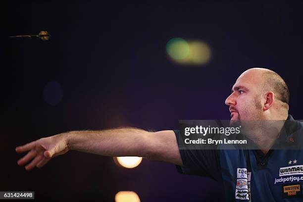 Scott Waites of Great Britain in action during his first round match on day four of the BDO Lakeside World Professional Darts Championships on...