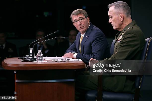Defense Secretary Ash Carter and Chairman of the Joint Chiefs of Staff Marine Gen. Joseph Dunford Jr. Hold a news conference at the Pentagon January...