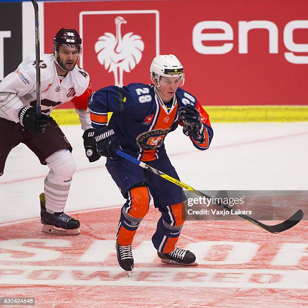 Nils Carnback of Vaxjo Lakers during the Champions Hockey League Semi Final match between Vaxjo Lakers and Sparta Prague at Vida Arena on January 10,...