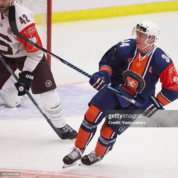 Olli Palola of Vaxjo Lakers during the Champions Hockey League Semi Final match between Vaxjo Lakers and Sparta Prague at Vida Arena on January 10,...