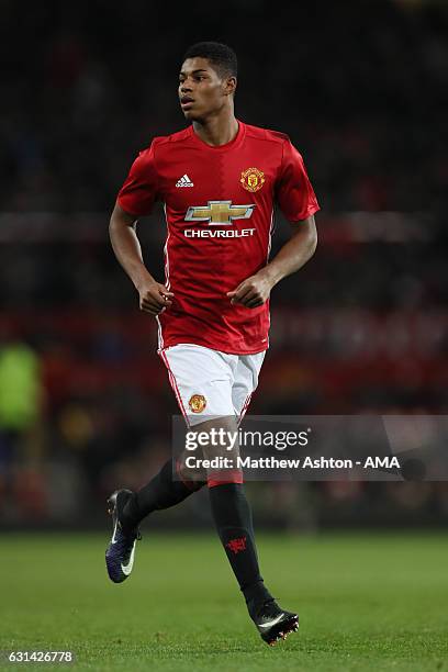 Marcus Rashford of Manchester United in action during the EFL Cup Semi-Final first leg match between Manchester United and Hull City at Old Trafford...