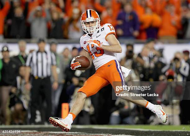 Hunter Renfrow of the Clemson Tigers scores a touchdown against the Alabama Crimson Tide during the 2017 College Football Playoff National...