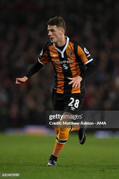 Josh Tymon of Hull City in action during the EFL Cup Semi-Final first leg match between Manchester United and Hull City at Old Trafford on January...