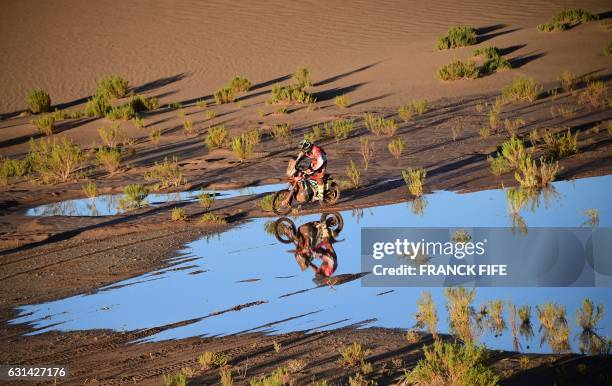 Biker Ricky Brabec powers his Honda during Stage 8 of the 2017 Dakar Rally between Uyuni in Bolivia and Salta in Argentina, on January 10, 2017.