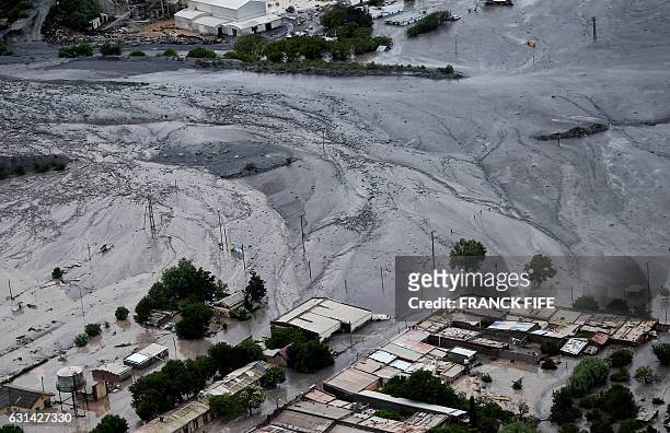 Aerial picture taken on January 10, 2017 during Stage 8 of the 2017 Dakar Rally, showing the village of Volcan, in the Argentine northern province of...