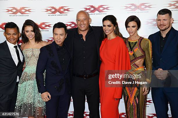 Tony Jaa, Nina Dobrev, Donnie Yen, Vin Diesel, Deepika Padukone, Ruby Rose and Michael Bisping attend the premiere of "XXX-Return Of Xander Cage" at...