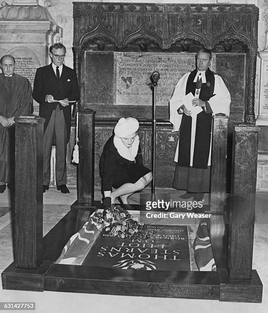 Memorial stone for the American-born poet T.S.Eliot is unveiled by his widow, Valerie Eliot , at Poets' Corner in Westminster Abbey, London, 4th...