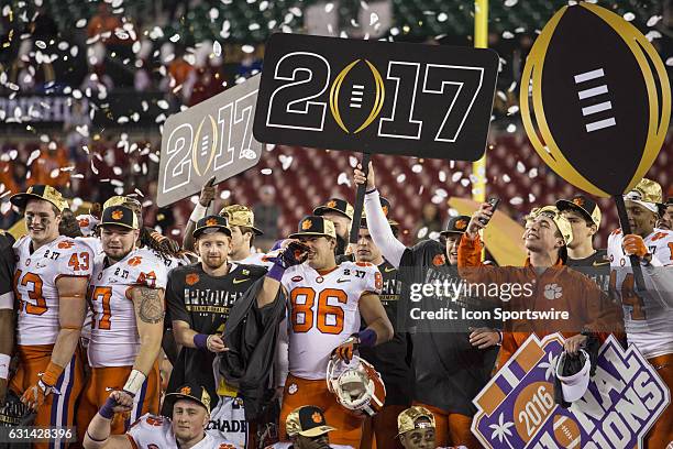Clemson Tigers players celebrate following the College Football Playoff National Championship game between the Alabama Crimson Tide and the Clemson...