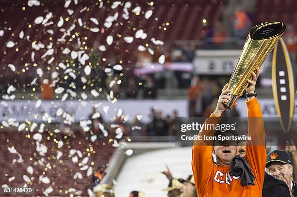 Clemson Tigers head coach Dabo Swinney celebrates the win after the College Football Playoff National Championship game between the Alabama Crimson...