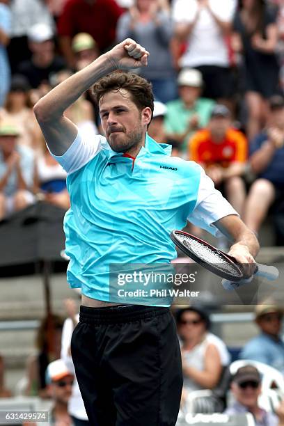 Robin Haase of the Netherlands celebrates at the conclusion of the mens singles match between Robin Haase of the Netherlands and David Ferrer of...