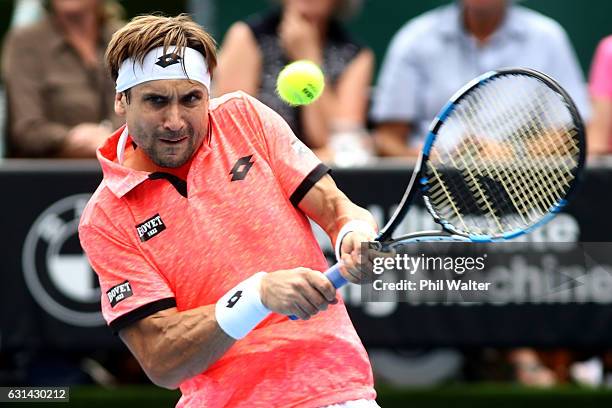 David Ferrer of Spain plays a return during the mens singles match between Robin Haase of the Netherlands and David Ferrer of Spain on day 10 of the...