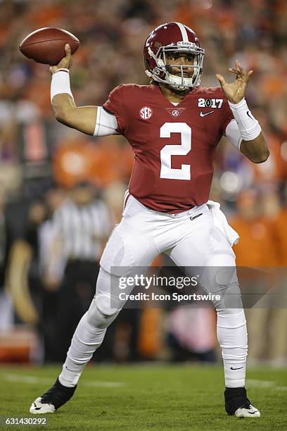 Alabama Crimson Tide quarterback Jalen Hurts throws a pass during the College Football Playoff National Championship game between the Alabama Crimson...