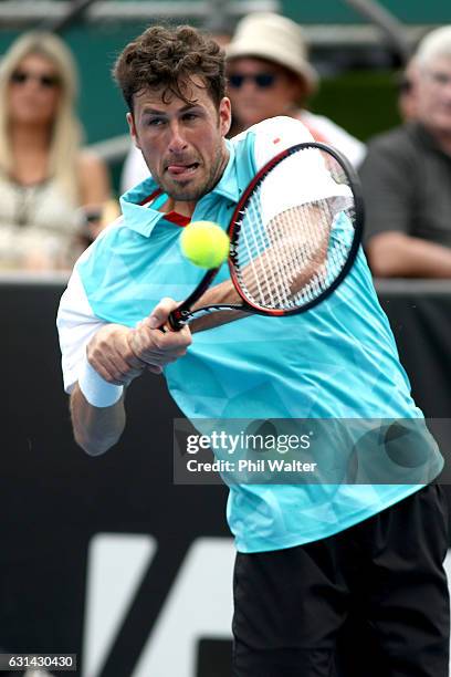 Robin Haase of the Netherlands plays a return during the mens singles match between Robin Haase of the Netherlands and David Ferrer of Spain on day...