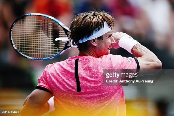 David Ferrer of Spain serves in his match against Robin Haase of Netherlands on day ten of the ASB Classic on January 11, 2017 in Auckland, New...