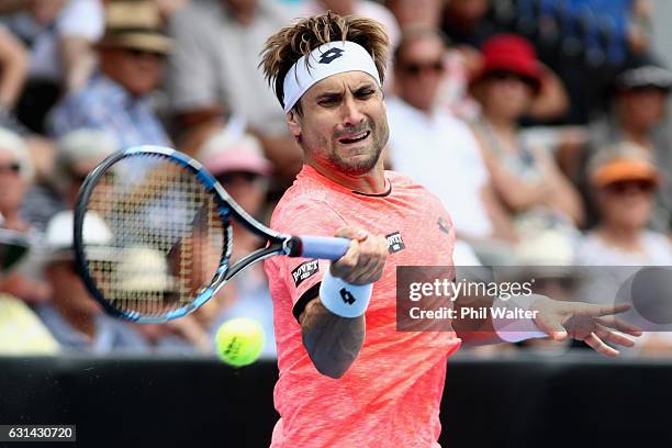 David Ferrer of Spain plays a return during the mens singles match between Robin Haase of the Netherlands and David Ferrer of Spain on day 10 of the...