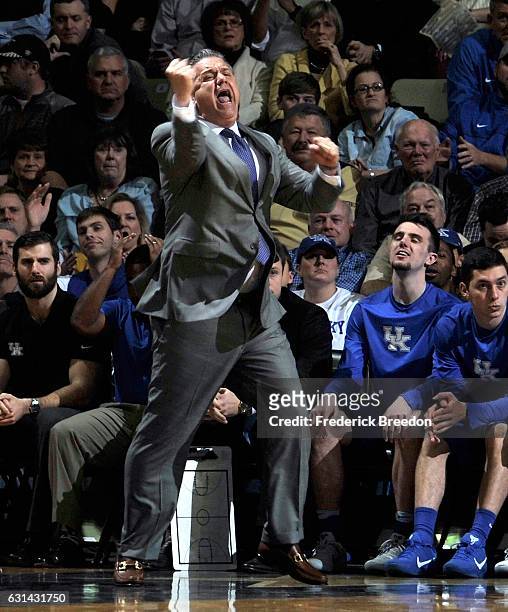 Head coach John Calipari of the Kentucky Wildcats reacts during the first half of a game against the Vanderbilt Commodores at Memorial Gym on January...