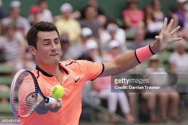Bernard Tomic of Australia plays a forehand shot in his match against David Goffin of Belgium during day two of the 2017 Priceline Pharmacy Classic...